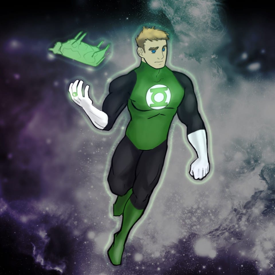 Green lantern style superhero flying in space holding a green cow