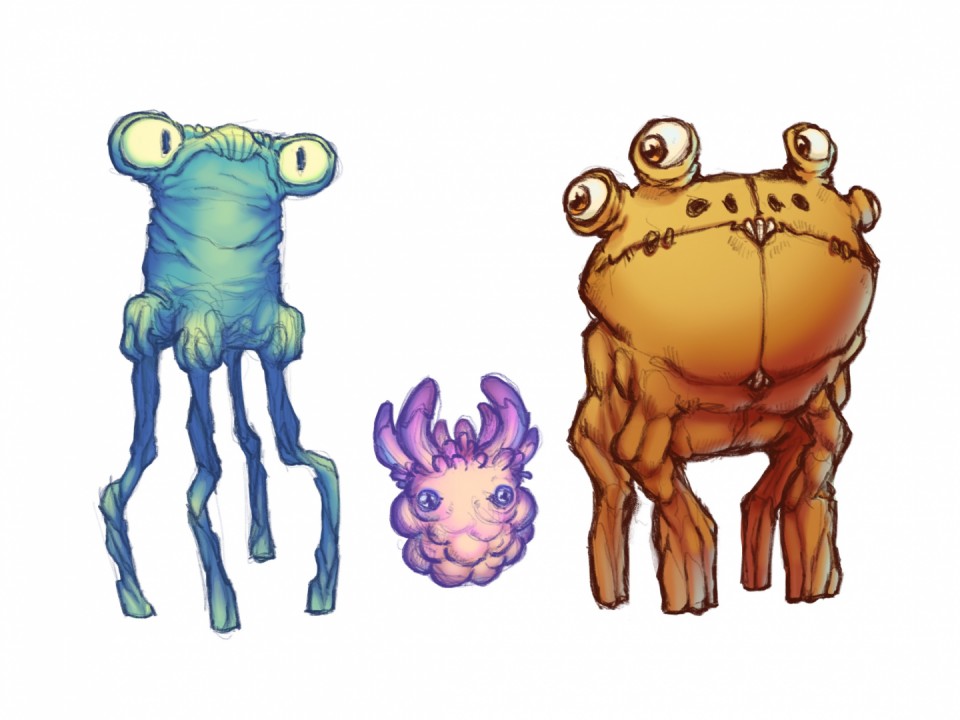 Three alien creatures standing side by side