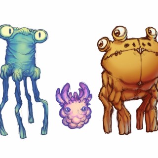 Three alien creatures standing side by side