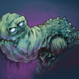Digital painting of a large old snake-like creature with four eyes