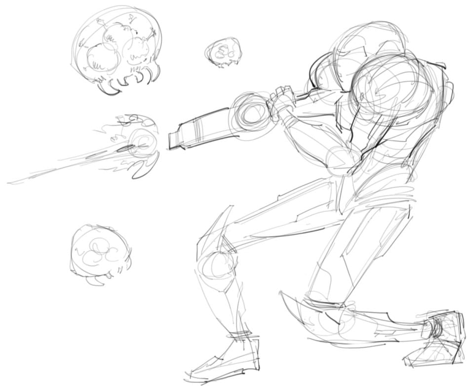 Samus from metroid firing her arm canon, surrounded by a few floating metroids