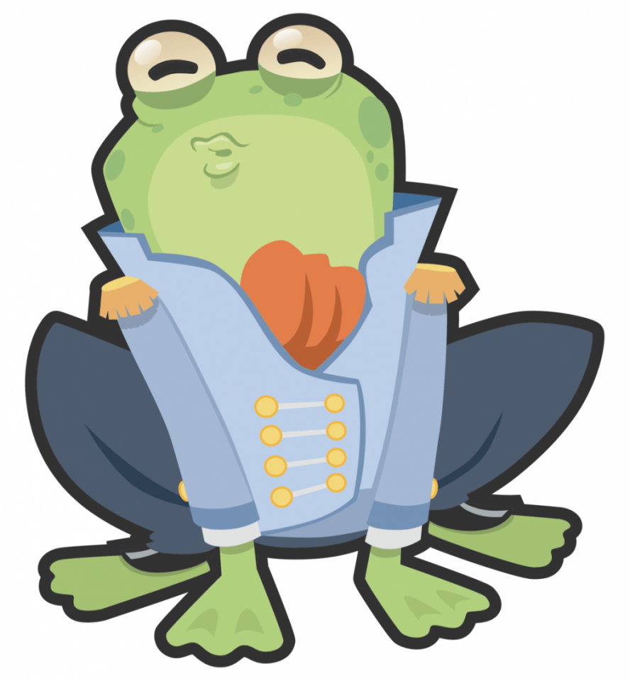 Frog dressed as a prince with his lips puckered for a kiss